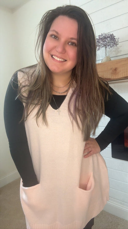 Ribbed Deep V Neckline Front Pocketed Loose Tunic Sweater Vest - TruBlu Trends