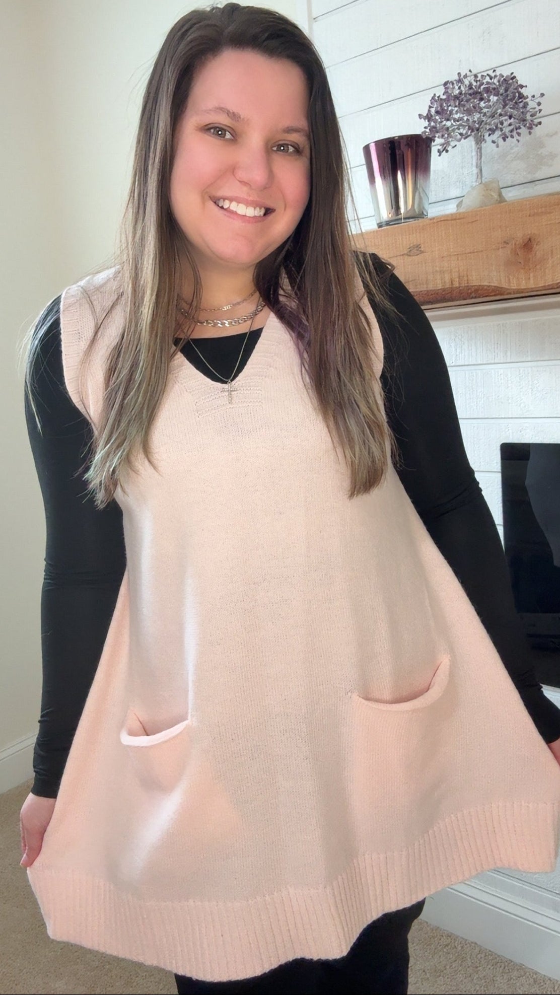 Ribbed Deep V Neckline Front Pocketed Loose Tunic Sweater Vest - TruBlu Trends