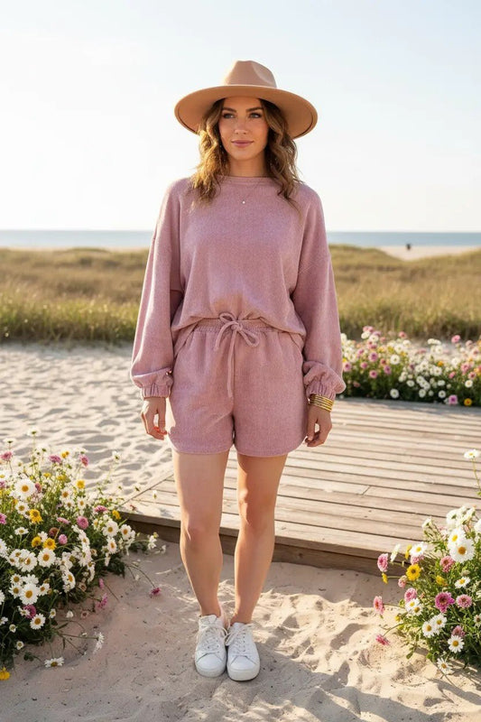 Soft Fushia Solid Color Textured Knit Drop Shoulder Pullover Drawstring Shorts Set - TruBlu Trends