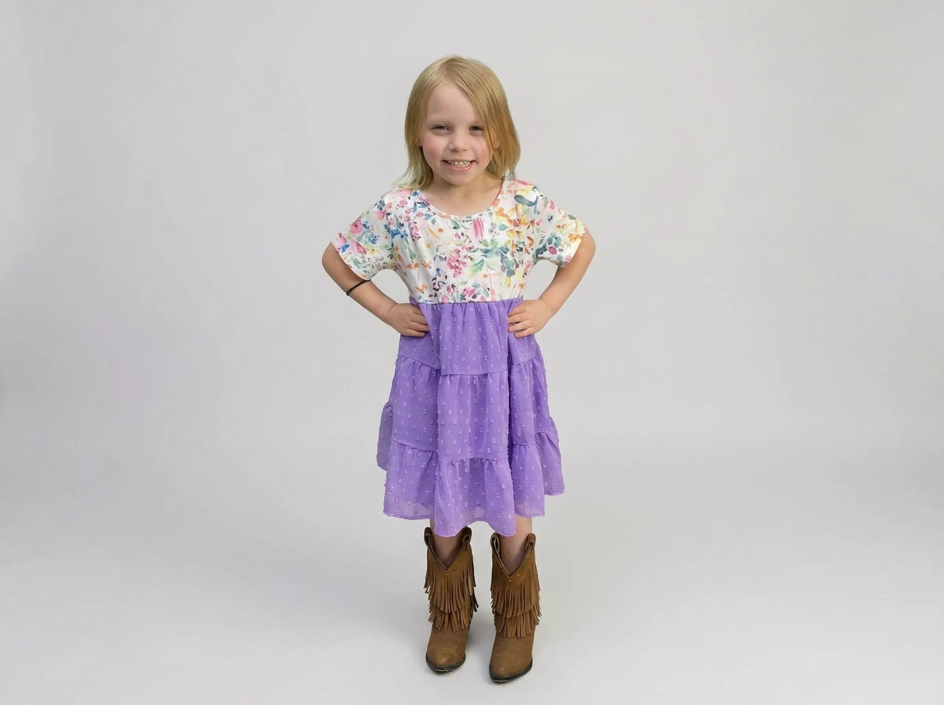 Spring Purple & Floral Print Sheer Layered Ruffle Girls Easter Dress - TruBlu Trends