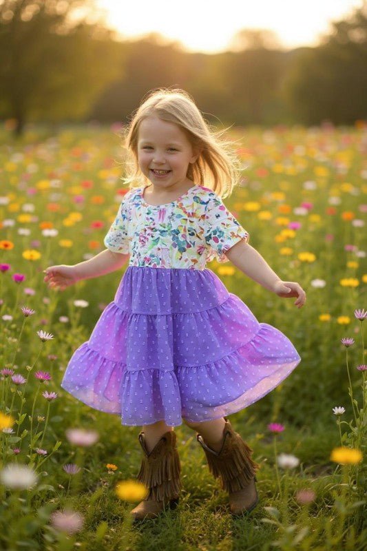 Spring Purple & Floral Print Sheer Layered Ruffle Girls Easter Dress - TruBlu Trends