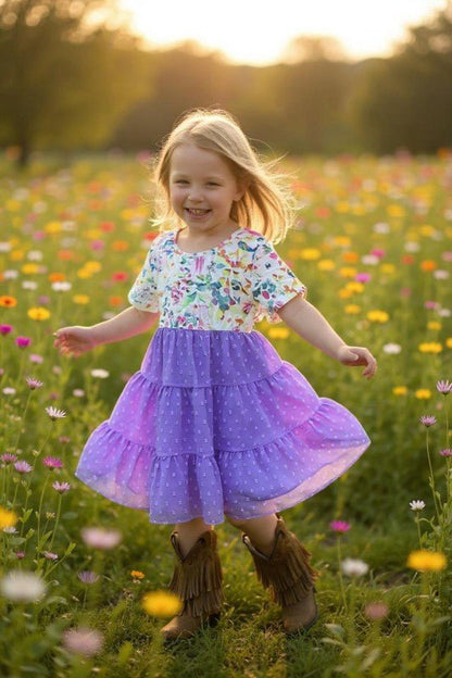 Spring Purple & Floral Print Sheer Layered Ruffle Girls Easter Dress - TruBlu Trends