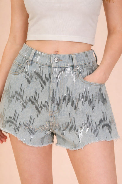Very J Sequin Denim Shorts with Elastic Back Waistband - TruBlu Trends