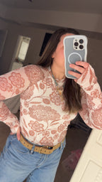 White / Brown Thumbhole Long Sleeve Floral Print Mesh Top - TruBlu Trends