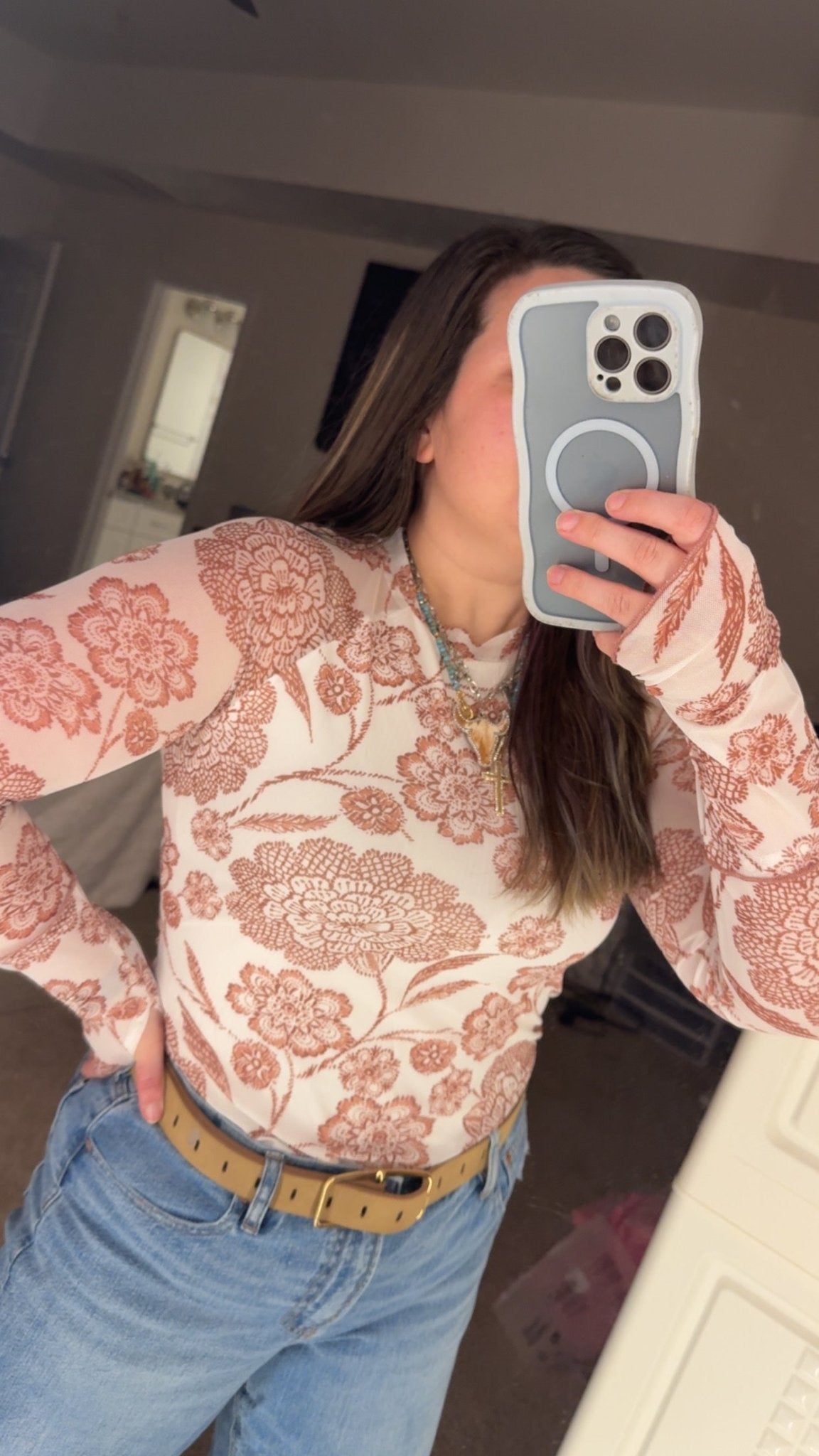 White / Brown Thumbhole Long Sleeve Floral Print Mesh Top - TruBlu Trends